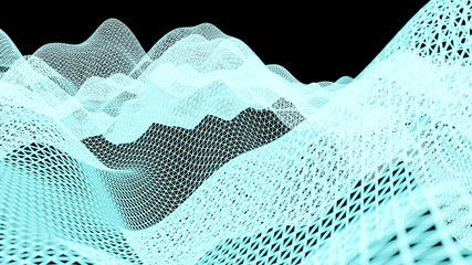 Poster - Data technology abstract futuristic cyan low poly shape glowing wire mesh surface on dark background. 3D rendering 3d illustration render