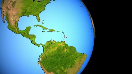 Wall Mural - Closing in on Caribbean on political 3D globe with topography. 3D illustration.