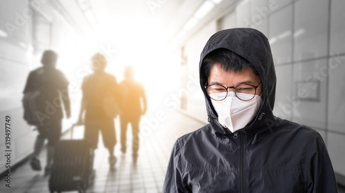 Fotomural Asian man wearing surgical face mask to prevent flu disease Corona virus and PM 2