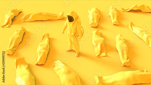 Cuadros en Lienzo Yellow Corona Virus Hazmat NBC Suit with Body Bags Cadaver Pouch Human Remains 3