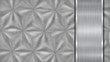Background in silver and gray colors, consisting of a shiny metallic surface and one vertical polished plate located on right side, with a metal texture, glares and burnished edges