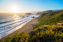 A Beautiful Sunset Over The Pacific Ocean Looking Out Over Blind Beach And Goat Rock In The Sonoma Coast State Park Near Highway 1 And Jenner, California.