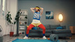 © Fractal Pictures - Sexy aggressive young man in retro sportswear dancing with seducing moves on exercise mat on training at home.