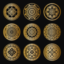 Gold Mandalas On Black Background. Abstract Luxury Decor. Islam, Arabic, Pakistan, Moroccan, Turkish, Indian, Spain Motifs. Can Be Used For Textile, Invitations, Banners.