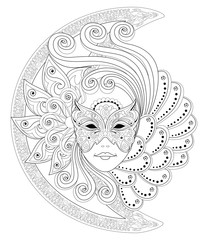 Fantasy drawing of girl face in beautiful venetian carnival mask. Black and white page for coloring book. Poster for fashion and beauty. Modern print, embroidery, decoration. Hand-drawn vector image.