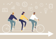 Three Young People Riding A Tandem Bicycle. The Concept Of Business Teamwork. Vector Illustration With Set Of Line Icons And Funny Characters. Stylish Idea For Your Business Pictures. Flat Design