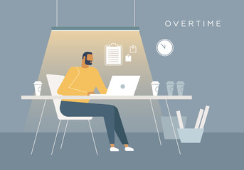 Wall Mural - Vector concept illustration. A man overtime works in the office at night. Flat design, trendy style. 