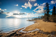 A Beautiful Pristine Beach At Sunset On The East Shore Of Lake Tahoe, Nevada.