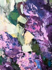 Abstract Colorful artwork oi Lilac tree. Oil painting Impressionism style. Canvas texture. Professional artwork. For prints, posters, wall in the interior, brochures