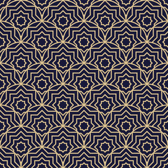 Islamic geometric seamless pattern. Vector oriental background in navy blue and gold colors.