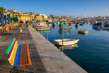 Malta, Marsaxlokk, Fishing Village Harbor Waterfront At Mediterranean Sea