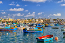 Malta, Marsaxlokk, Fishing Town Port With Traditional Luzzu Boats