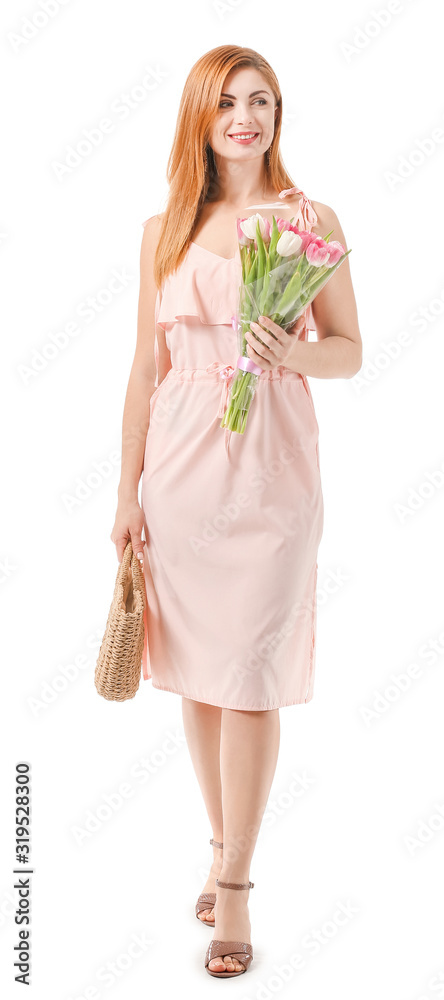 Beautiful young woman with flowers on white background. International Women's Day celebration