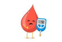 Cute Cartoon Sick Blood Drop Character With Glucometer. Diabetic Glucose Measuring Device With Indication Sugar Level. Vector High Glucose Diabetes Risk Illustration