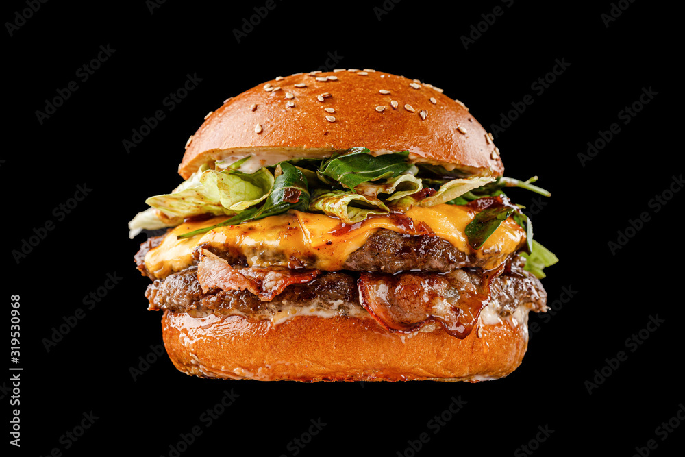 21 burger on a black background for the menu. Black and white burgers with meat, chicken cutlet, salad, egg. - obrazy, fototapety, plakaty 