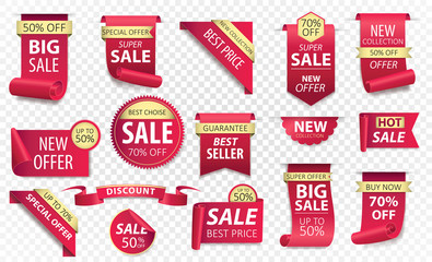 Price tags, red ribbon banners. Sale promotion, website stickers, new offer badge collection isolated. Vector illustration.