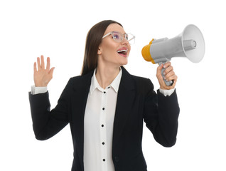 Young woman with megaphone on white background