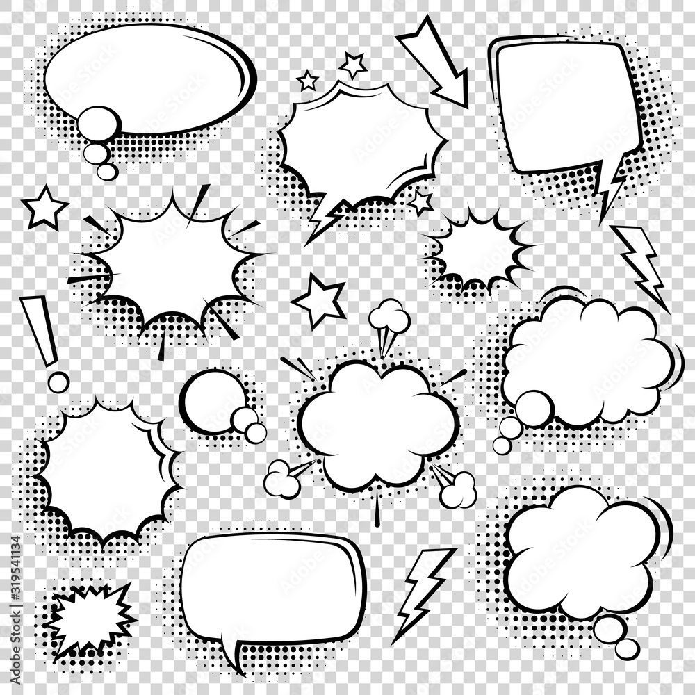 Collection of empty comic speech bubbles with halftone shadows. Hand ...