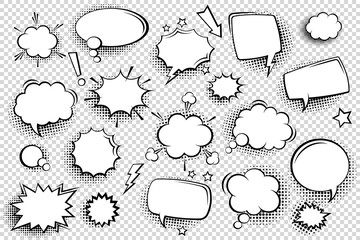collection of empty comic speech bubbles with halftone shadows. hand drawn retro cartoon stickers. p