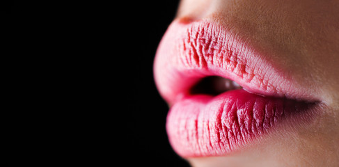 Beauty lips, beautiful lip, bright pink lipstick. Close up, macro, beautiful mouth, sensual makeup Isolated red lips portrait. Red lips, makeup, sensual mouth, sexy lip. Copy space