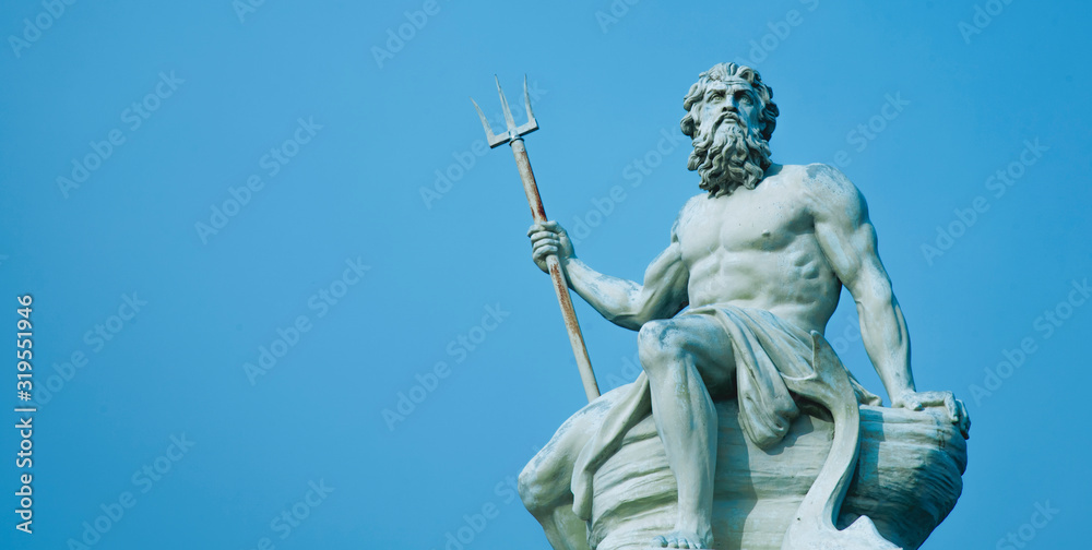 Ancient stone statue of mighty god of the sea and oceans Neptune (Poseidon) with trident. - obrazy, fototapety, plakaty 