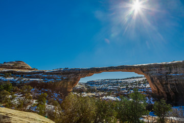 Wall Mural - Panoramic picture of Owachomo bridge in the Natural Bridges Narional Park in winter