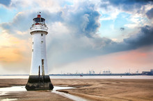 Famous Lighthouse At New Brighton, England, At Low Tides