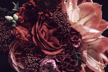 Poster - Beautiful bouquet of different flowers, closeup. Floral card design with dark vintage effect