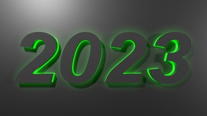 Poster - 2023 in black digits with green  back light, on a black surface - 3D rendering illustration