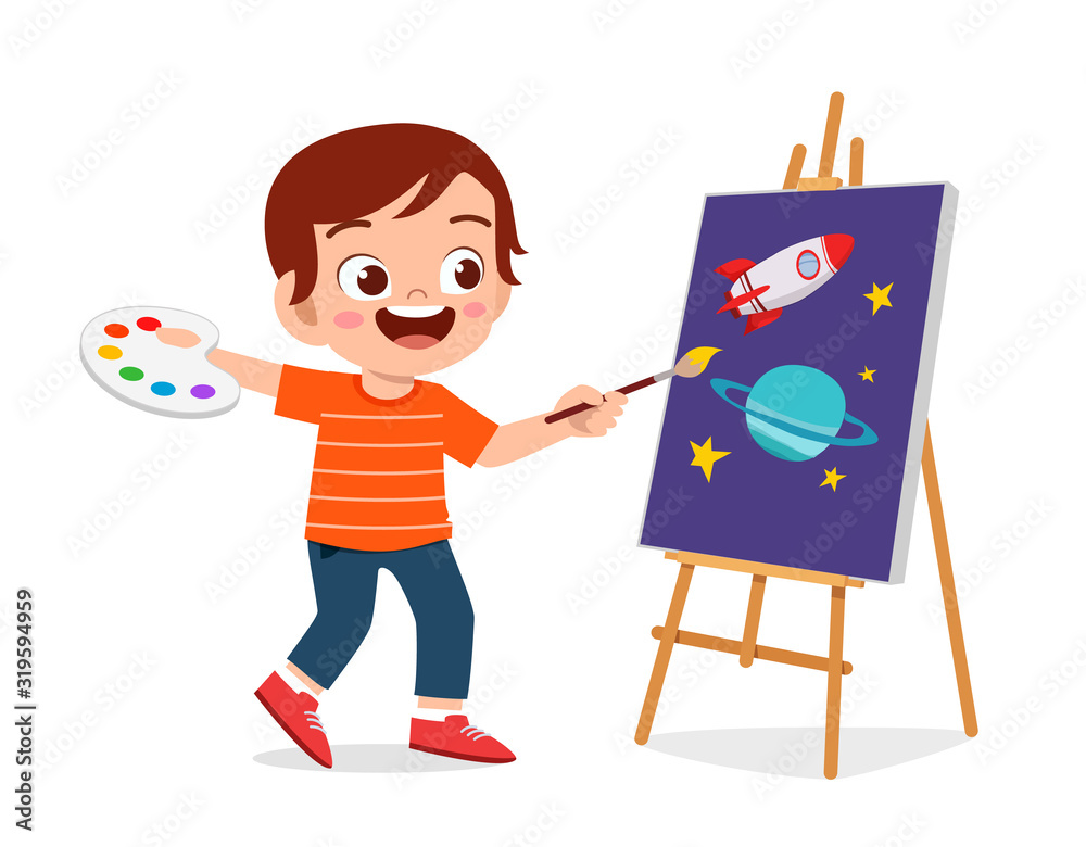 happy cute little kid boy draw on canvas Stock Vector | Adobe Stock