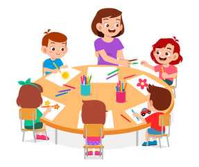 Poster - happy cute little kids boy and girl draw with teacher