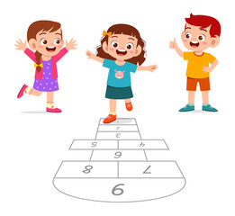 Sticker - happy cute little kid boy and girl play hopscotch