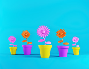 Poster - cartoon style colorful abstract minimal flower pots isolated on blue background. gardening concept. copy space. 3d rendering