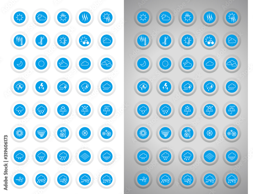 Weather Icon Set.Icons that can use extrude effects on various background colors.Weather icon set inside a circular button.Extruded button-shaped icon.