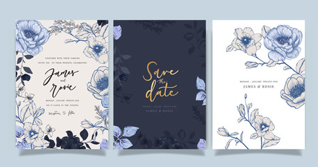 navy blue luxury wedding invitation, floral invite thank you, rsvp modern card design in gold flower
