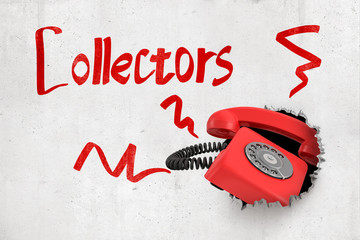 Wall Mural - 3d rendering of red retro telephone breaking white wall with 'collectors' sign on white background