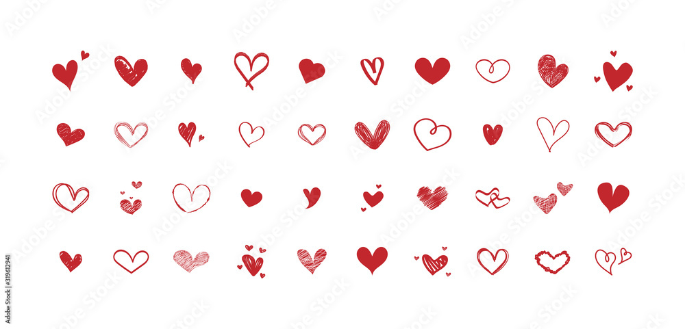 Vector set of different red hearts. Collection of hand-drawn hearts ...