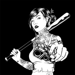 mafia girl handling gun hand drawing vector