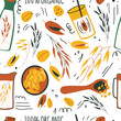 Hand drawn seamless pattern of oat grains, flakes, oat milk, bottles.  Healthy, organic daily nutrition . Cute doodle vector for print, card, poster, wrapping paper on white background.