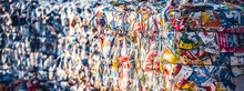 Recycling And Storage Of Waste For Further Disposal, Trash Sorting. Picture Of Recycled Plastic Waste Pressed To Bales. Plastic Bottles,compressed