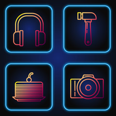 Poster - Set line Photo camera, Cake, Headphones and Hammer. Gradient color icons. Vector