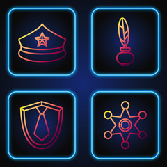 Sticker - Set line Hexagram sheriff, Tie, Police cap with cockade and Feather and inkwell. Gradient color icons. Vector