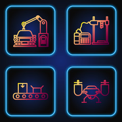 Canvas Print - Set line Drone flying with action camera, Conveyor belt with cardboard box, Industrial machine robotic robot arm hand and 3D printer. Gradient color icons. Vector