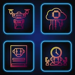 Poster - Set line Robot and digital time manager, User manual, Drone delivery concept and Internet of things. Gradient color icons. Vector