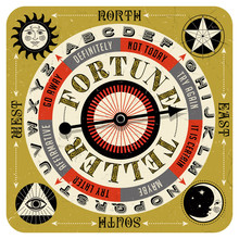 Vintage Fortune Teller Spin Game With Spinning Arrow, Answers, Letters And Mystic Symbols. Vector Illustration For Web Pages, Gaming, Banners, Print, Board Games. 
