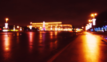 Wall Mural - Street city lights out of focus at night, bokeh