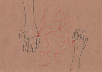 Esoteric and magic illustration of a human in graphics. Hands tied with red thread of fate. Figure black and red pen