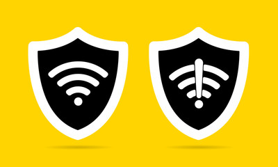 Wall Mural - Wireless shield wifi icon sign set flat design vector illustration. Wifi internet signal symbols in the security shield isolated on yellow background.