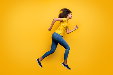 Sticker - Full length body size profile side view of her she nice attractive lovely cheerful cheery wavy-haired girl running active life isolated on bright vivid shine vibrant yellow color background