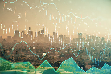 Forex chart on cityscape with skyscrapers wallpaper multi exposure. Financial research concept.